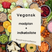 Billed af mange veganske lækkerier i baggrunden. Til brug i forbindelse med vores Veganske madplaner